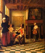 Pieter de Hooch Woman Drinking with Two Men and a Maidservant oil painting reproduction